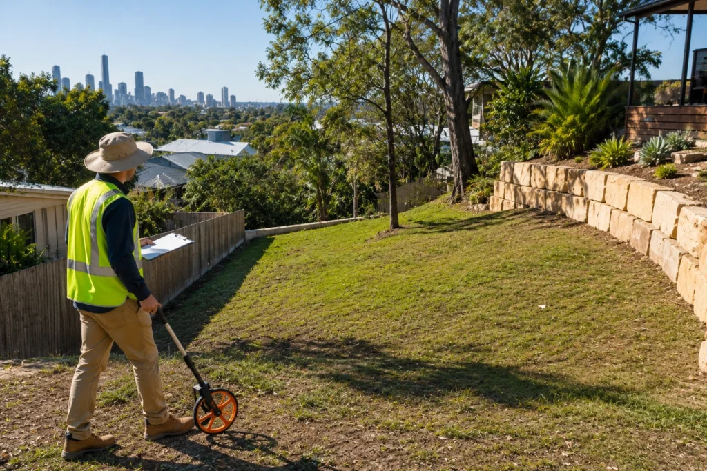 Landscape architect surveying a backyard