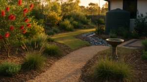 Australian native garden with bottlebrush, kangaroo grass, birdbath