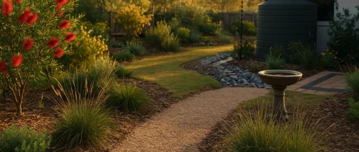Australian native garden with bottlebrush, kangaroo grass, birdbath