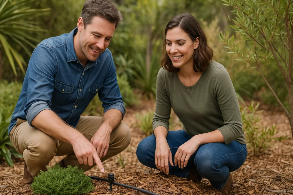 Couple using drip irrigation and mulch in garden