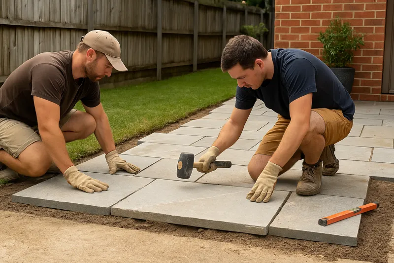 Two workers installing stone paving outdoors.