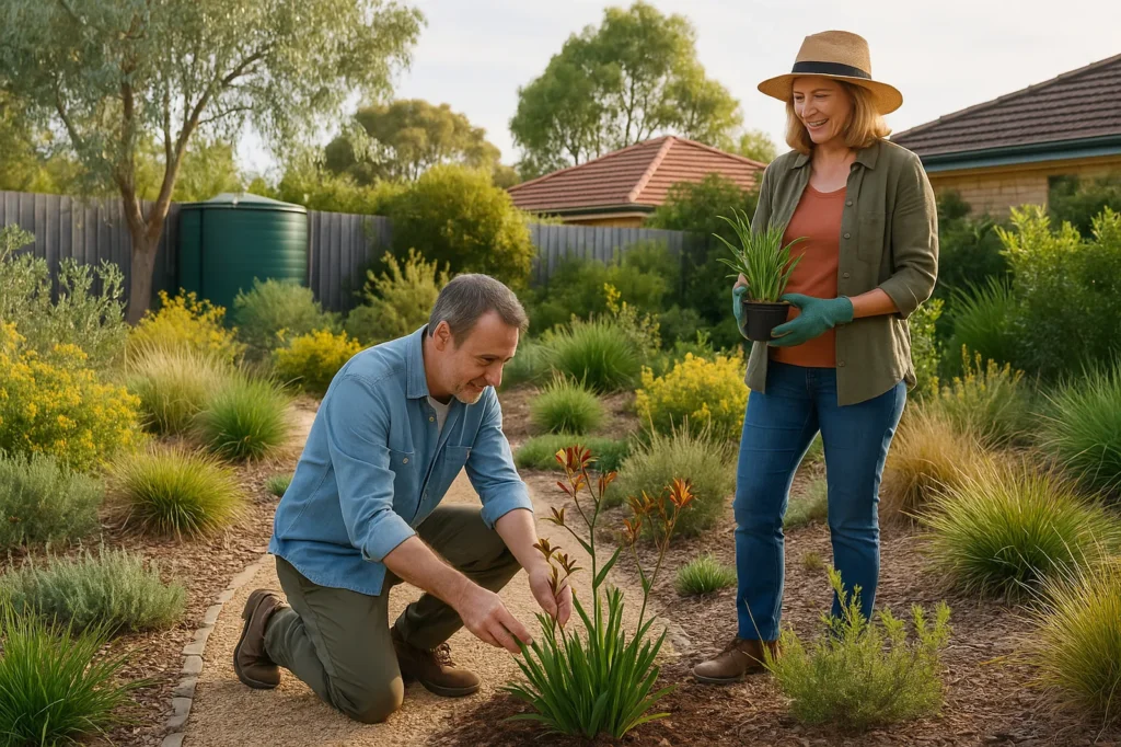People tending native plants in sustainable garden