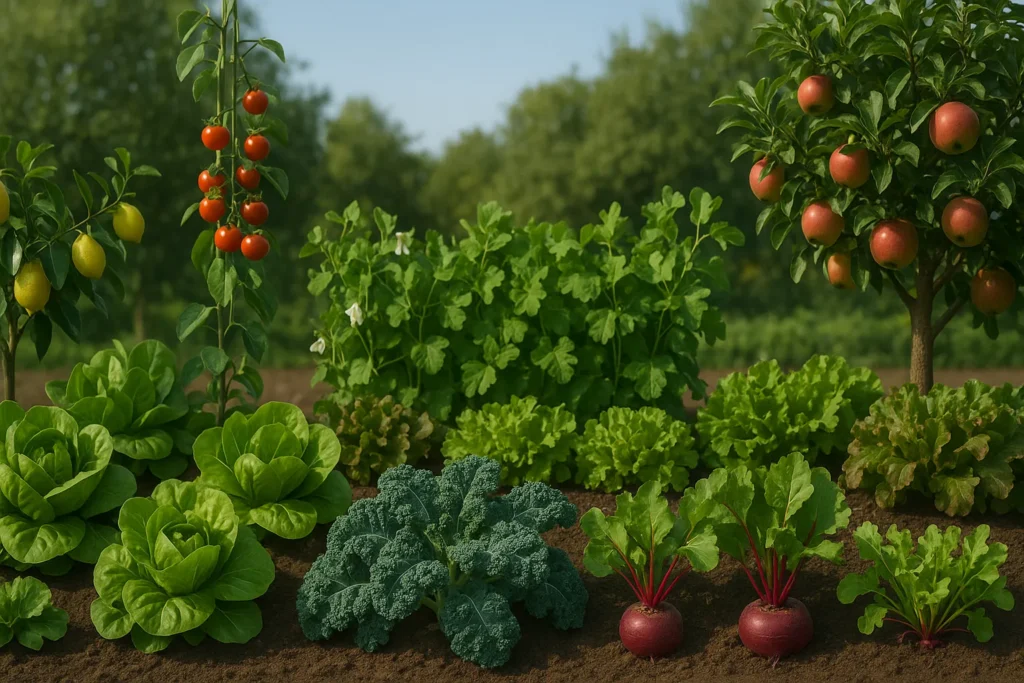 Vibrant edible plants growing in neat rows