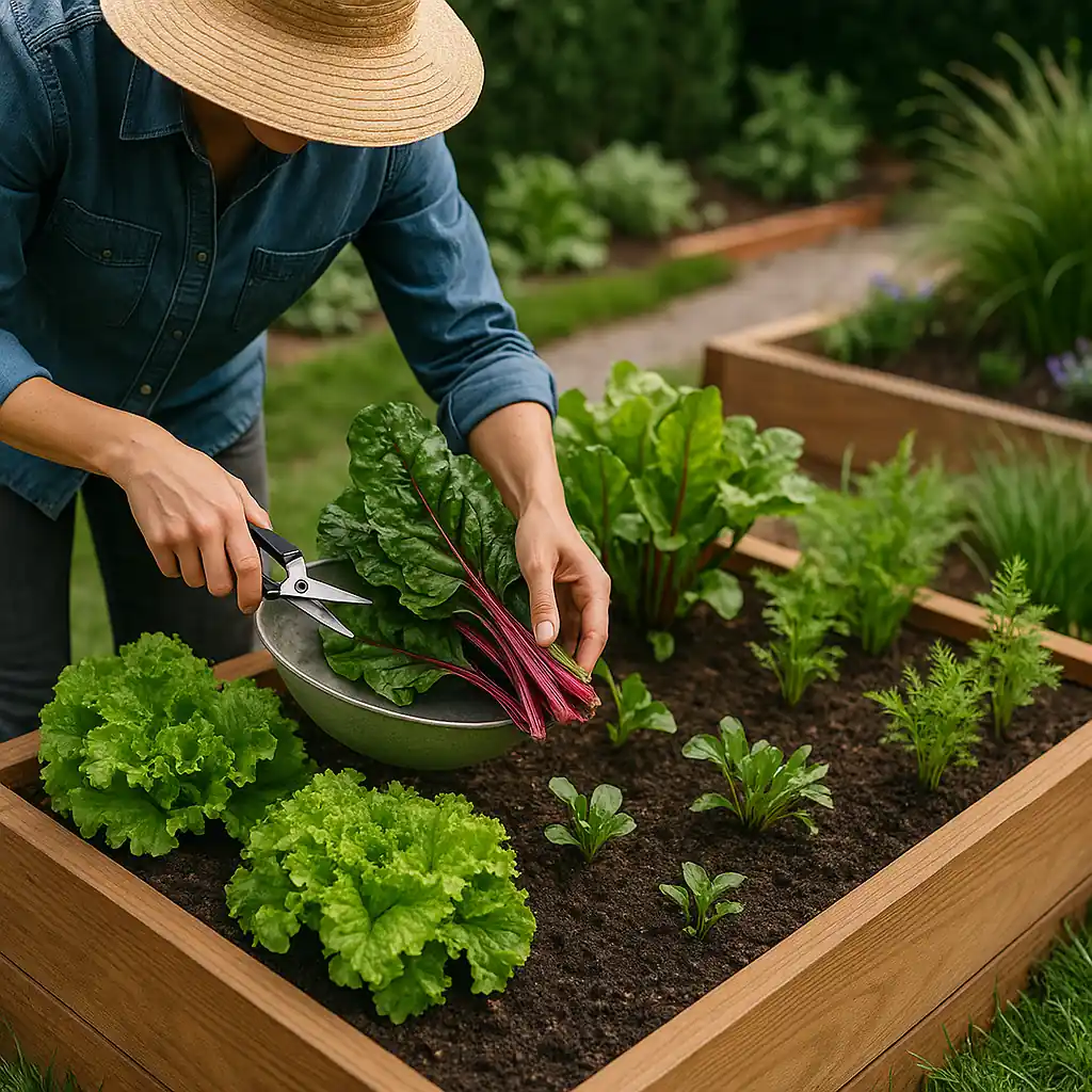 Gardener harvesting leafy greens in raised bed