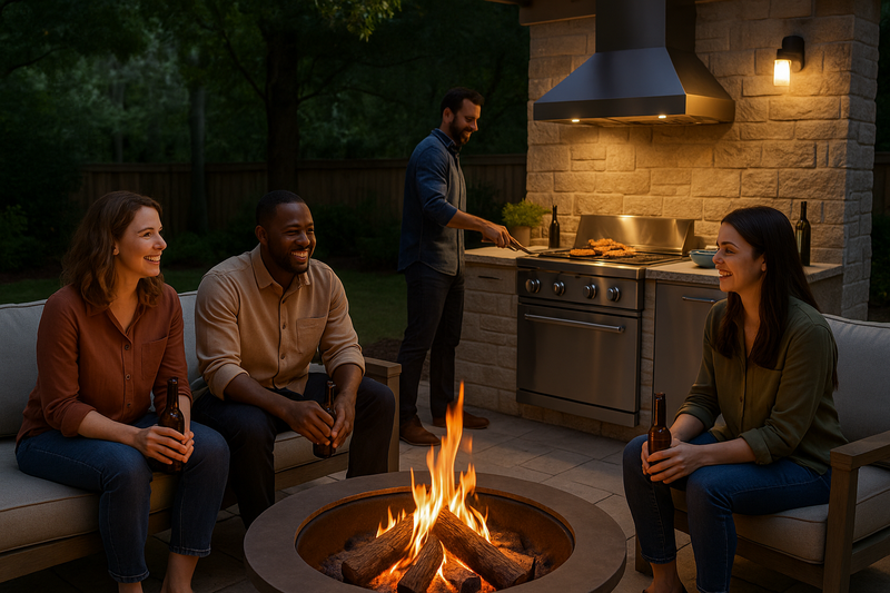 Friends grilling and relaxing by fire pit