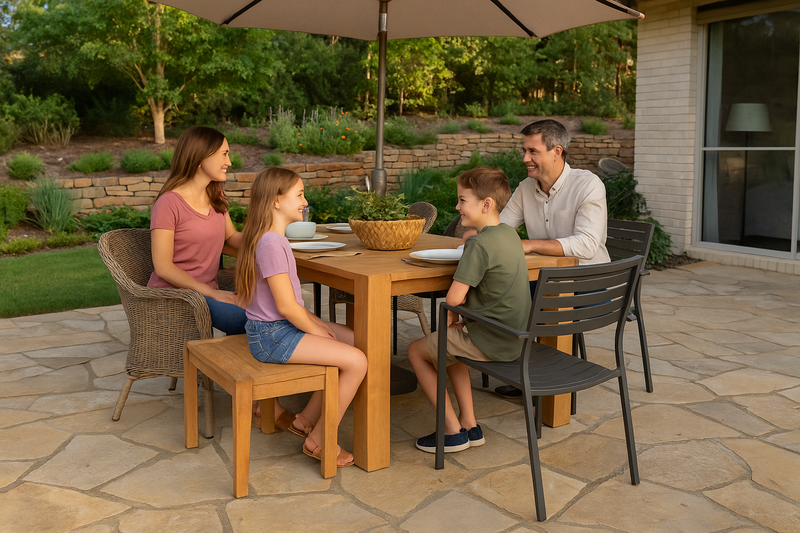 Family enjoying timber and wicker furniture outdoors