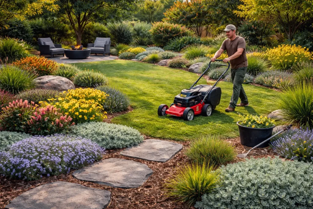 A person mowing lawn areas