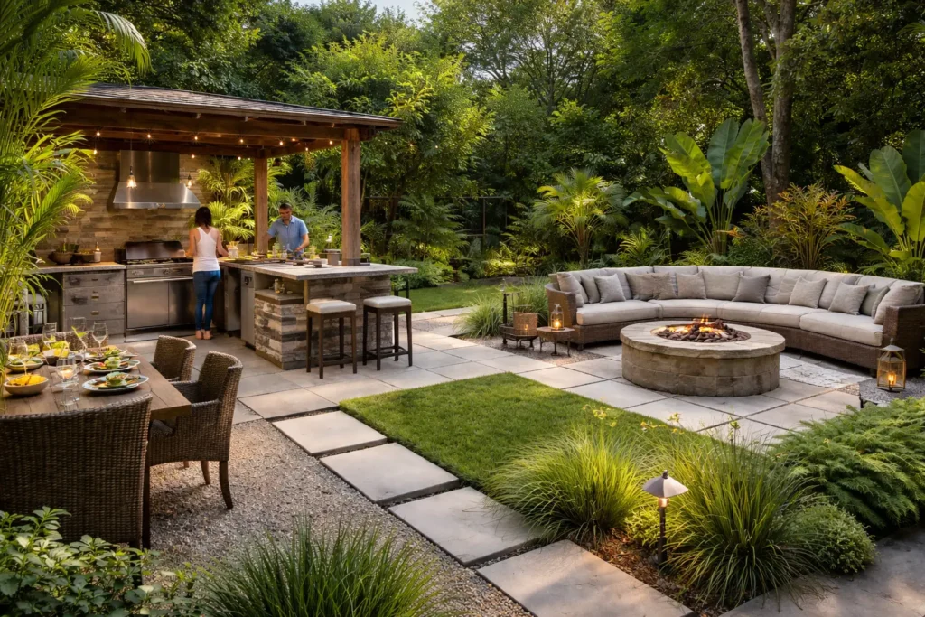 Outdoor kitchen being used in the daytime while the fire features sit on the sideline