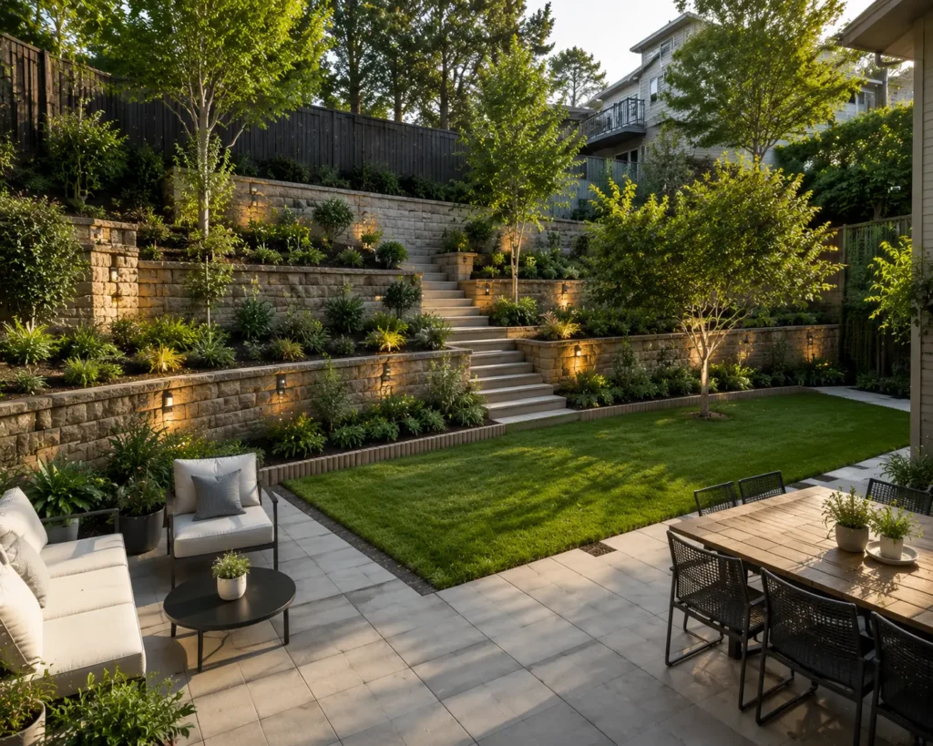 Sloped yard filled with retaining walls