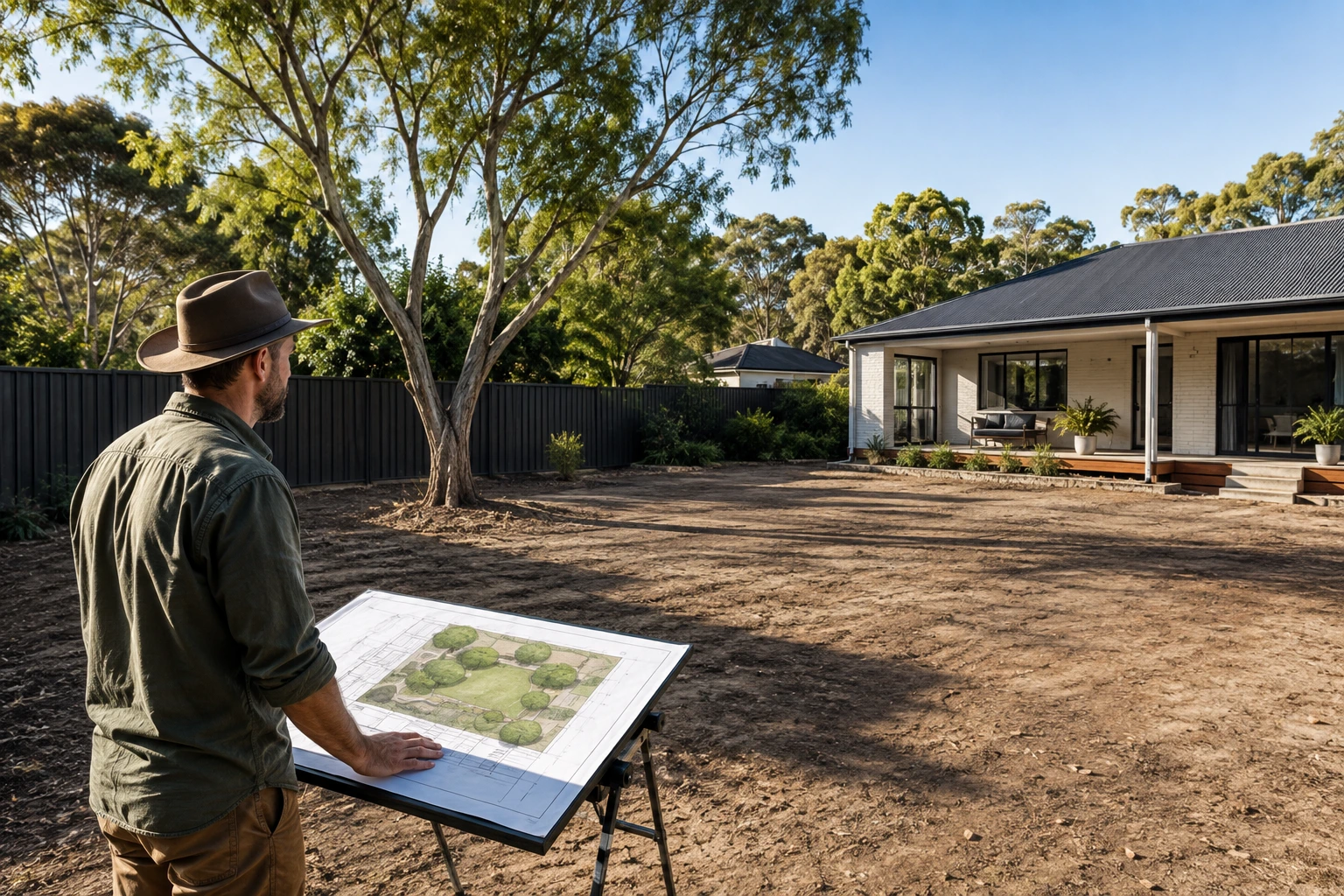 Landscape designer reviewing a site plan